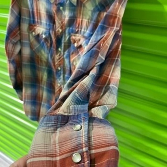 Rustler Wrangler Mens Plaid Western Pearl Snap Shirt Blue Orange Metallic Medium - Picture 6 of 13
